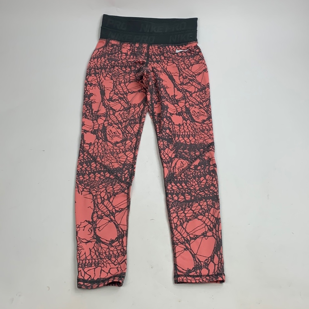 Nike Pro Leggings Coral Pink Black Dri Fit Size S Wide waist band with logo
